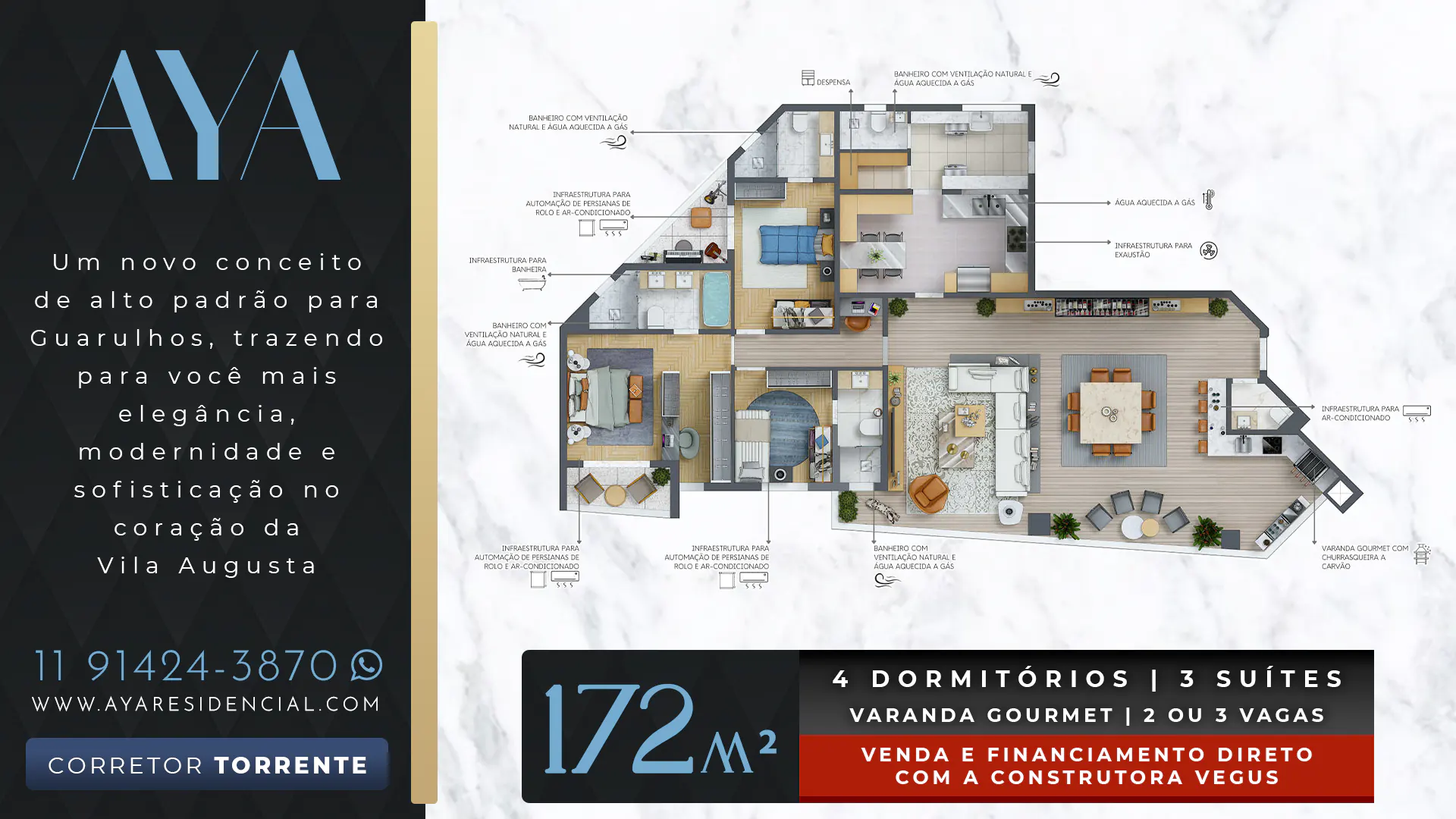 AYA Residencial | Apartamentos de alto padrão de 95 e 119 m² | 3 ou 4 dormitórios com suítes, varanda gourmet, 1 ou 2 vagas de garagem e lazer completo | COMPRE NA PLANTA E FINANCIE DIRETO COM A CONSTRUTORA